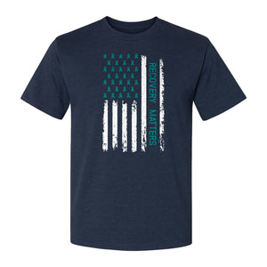 Recovery T-Shirt, Teal Ribbon Distressed Flag Design for Sobriety Support and Healing