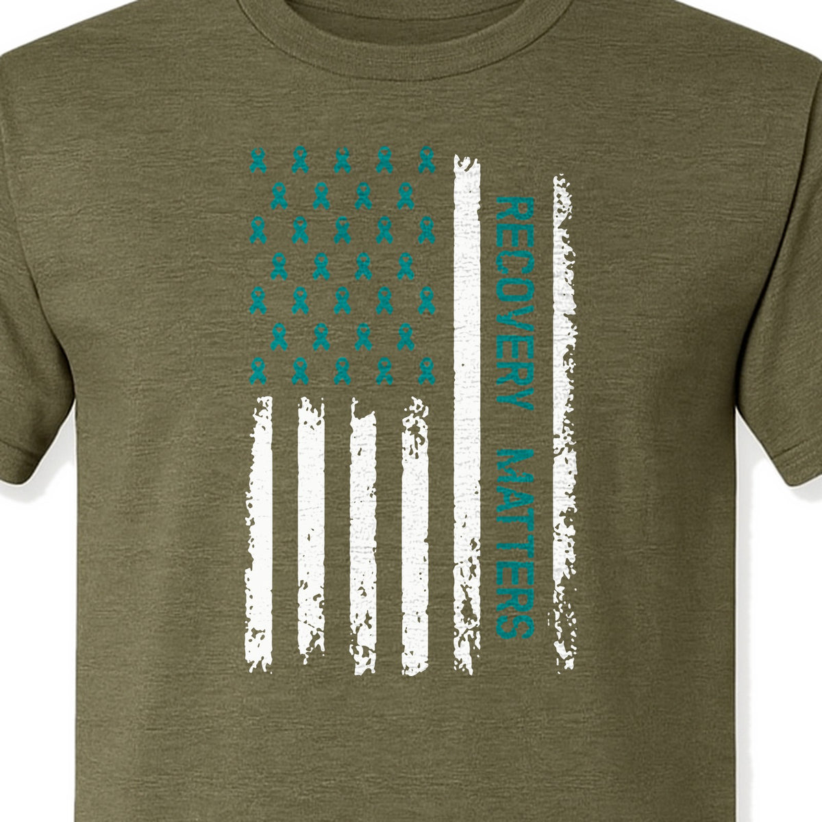 Recovery T-Shirt, Teal Ribbon Distressed Flag Design for Sobriety Support and Healing
