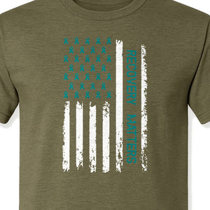 Recovery T-Shirt, Teal Ribbon Distressed Flag Design for Sobriety Support and Healing