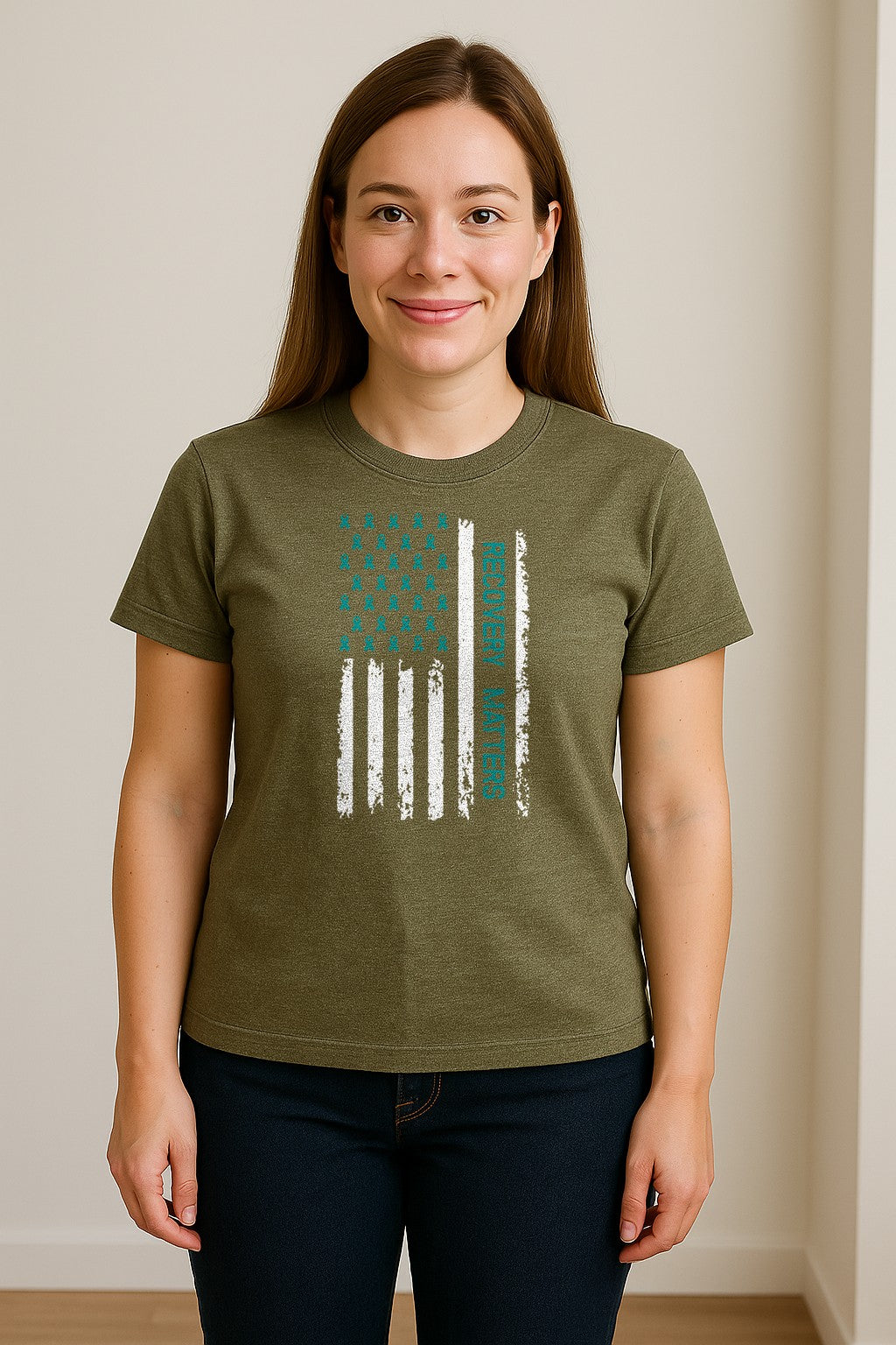 Recovery T-Shirt, Teal Ribbon Distressed Flag Design for Sobriety Support and Healing