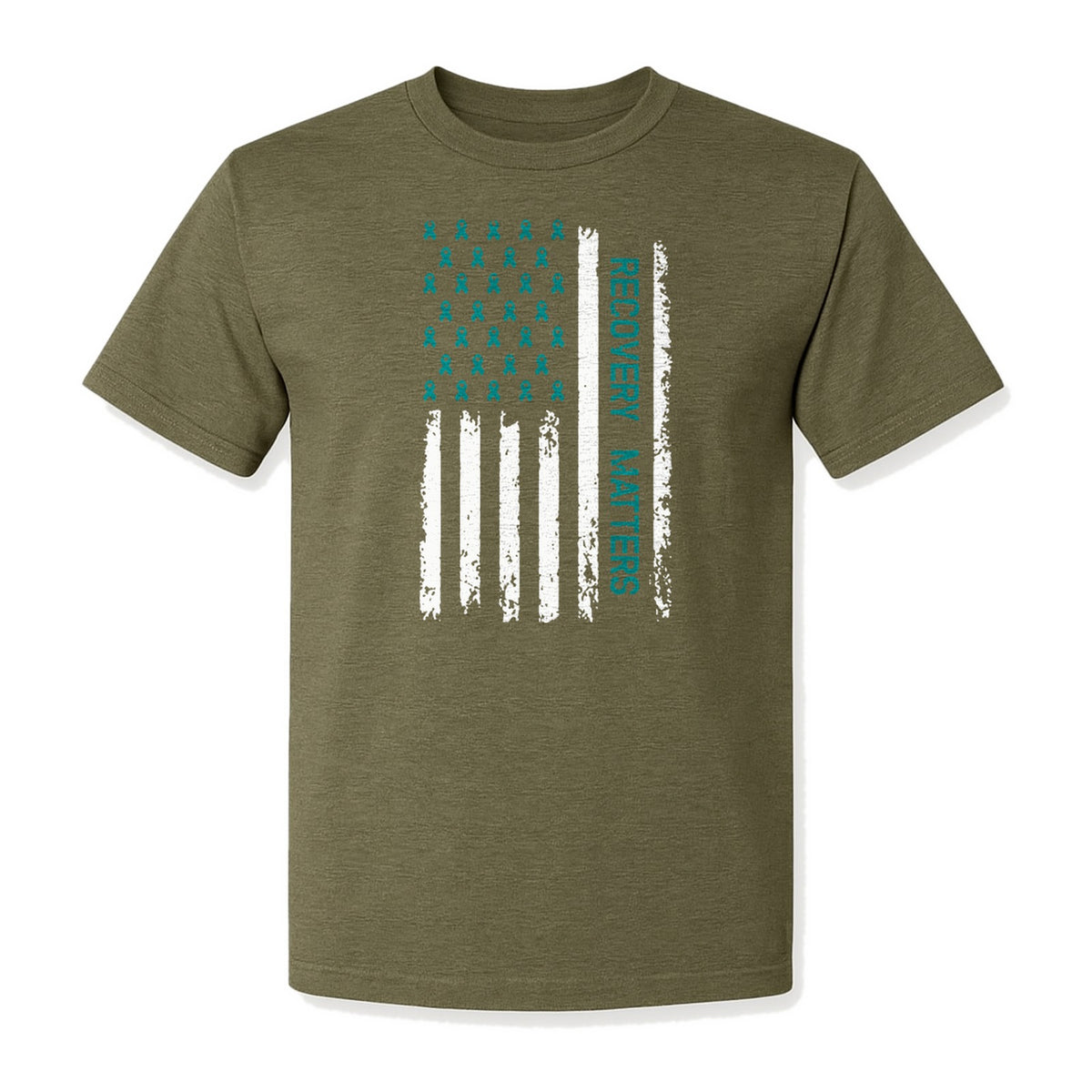 Recovery T-Shirt, Teal Ribbon Distressed Flag Design for Sobriety Support and Healing