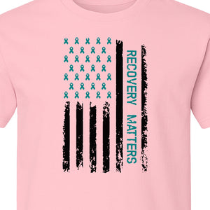 Recovery T-Shirt, Teal Ribbon Distressed Flag Design for Sobriety Support and Healing
