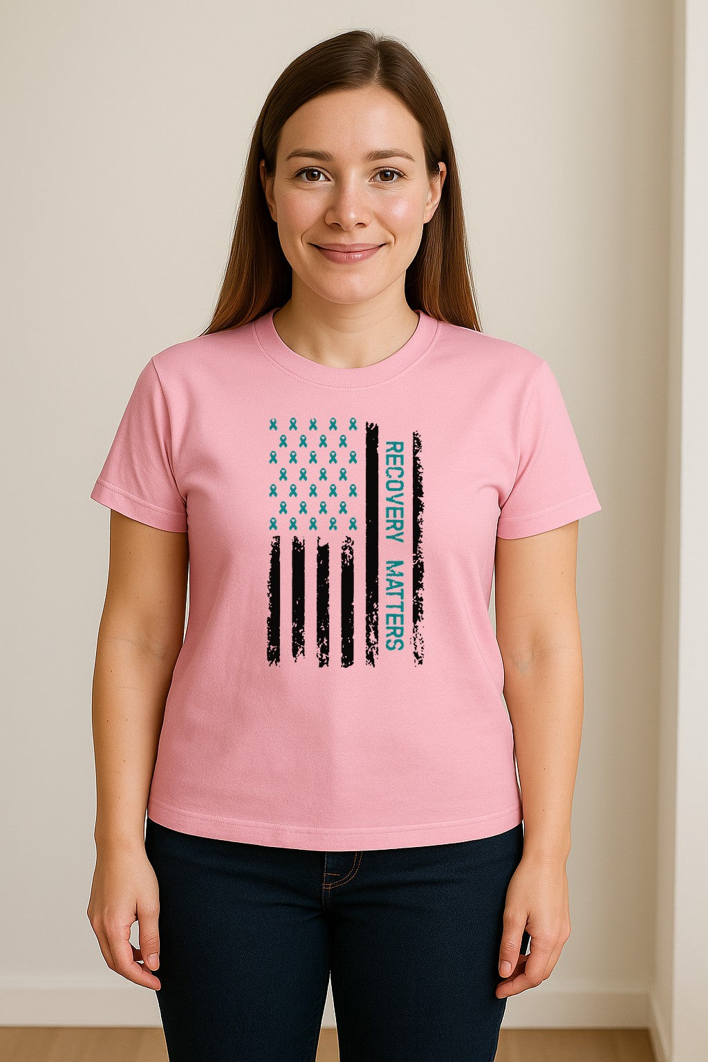 Recovery T-Shirt, Teal Ribbon Distressed Flag Design for Sobriety Support and Healing