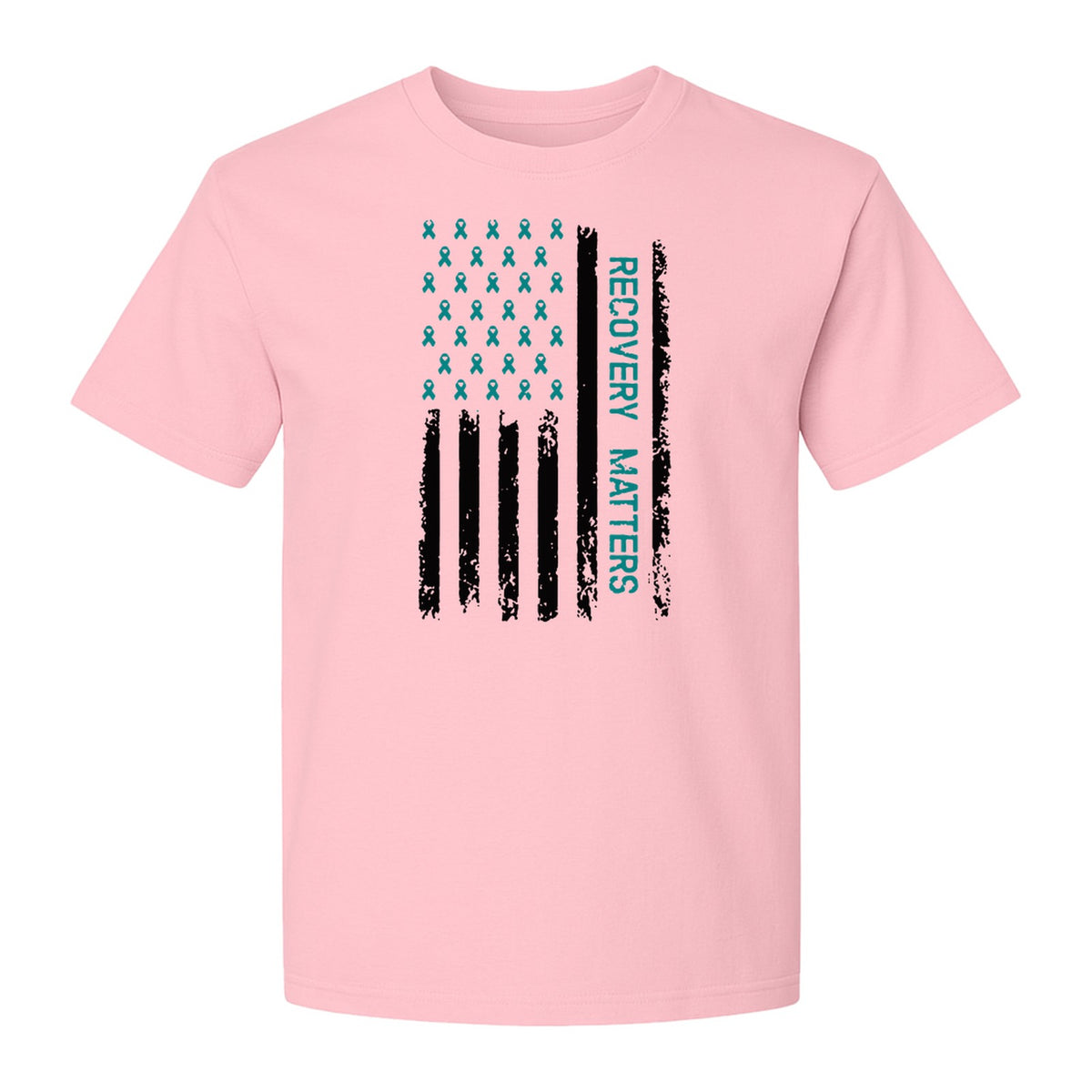 Recovery T-Shirt, Teal Ribbon Distressed Flag Design for Sobriety Support and Healing