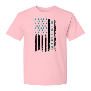 Recovery T-Shirt, Teal Ribbon Distressed Flag Design for Sobriety Support and Healing