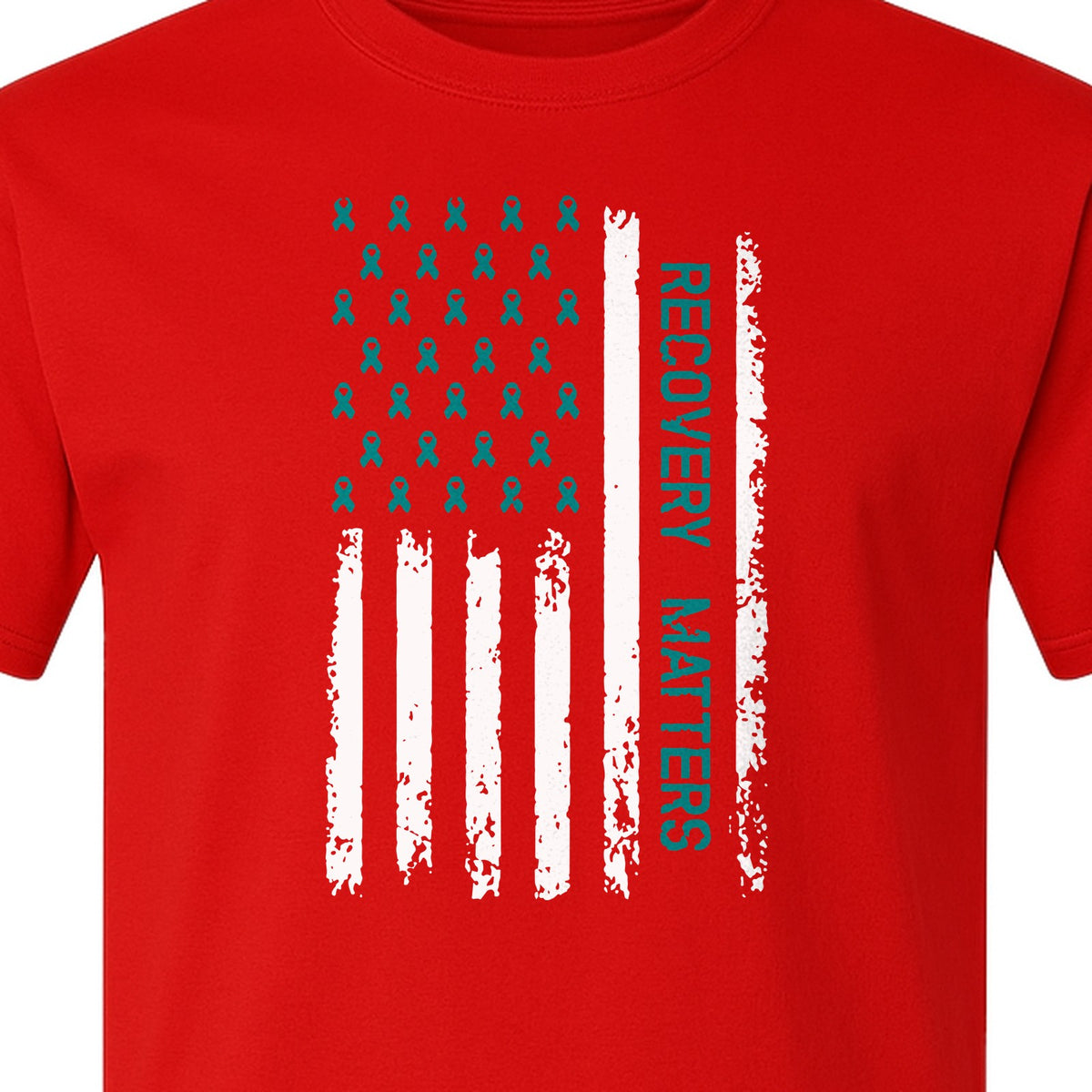 Recovery T-Shirt, Teal Ribbon Distressed Flag Design for Sobriety Support and Healing