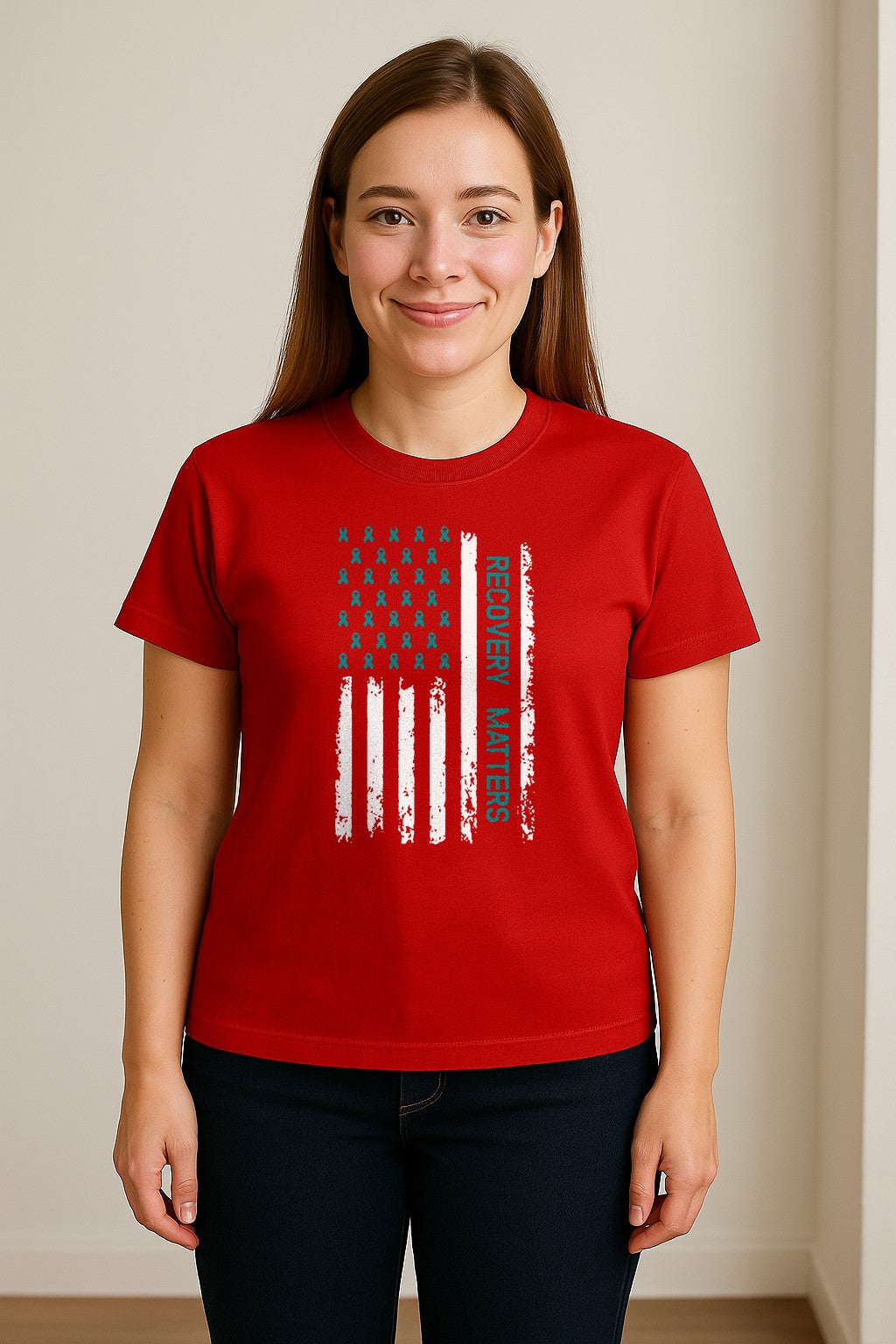 Recovery T-Shirt, Teal Ribbon Distressed Flag Design for Sobriety Support and Healing