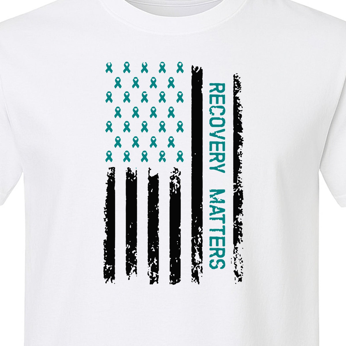 Recovery T-Shirt, Teal Ribbon Distressed Flag Design for Sobriety Support and Healing
