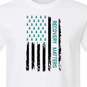 Recovery T-Shirt, Teal Ribbon Distressed Flag Design for Sobriety Support and Healing