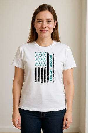 Recovery T-Shirt, Teal Ribbon Distressed Flag Design for Sobriety Support and Healing