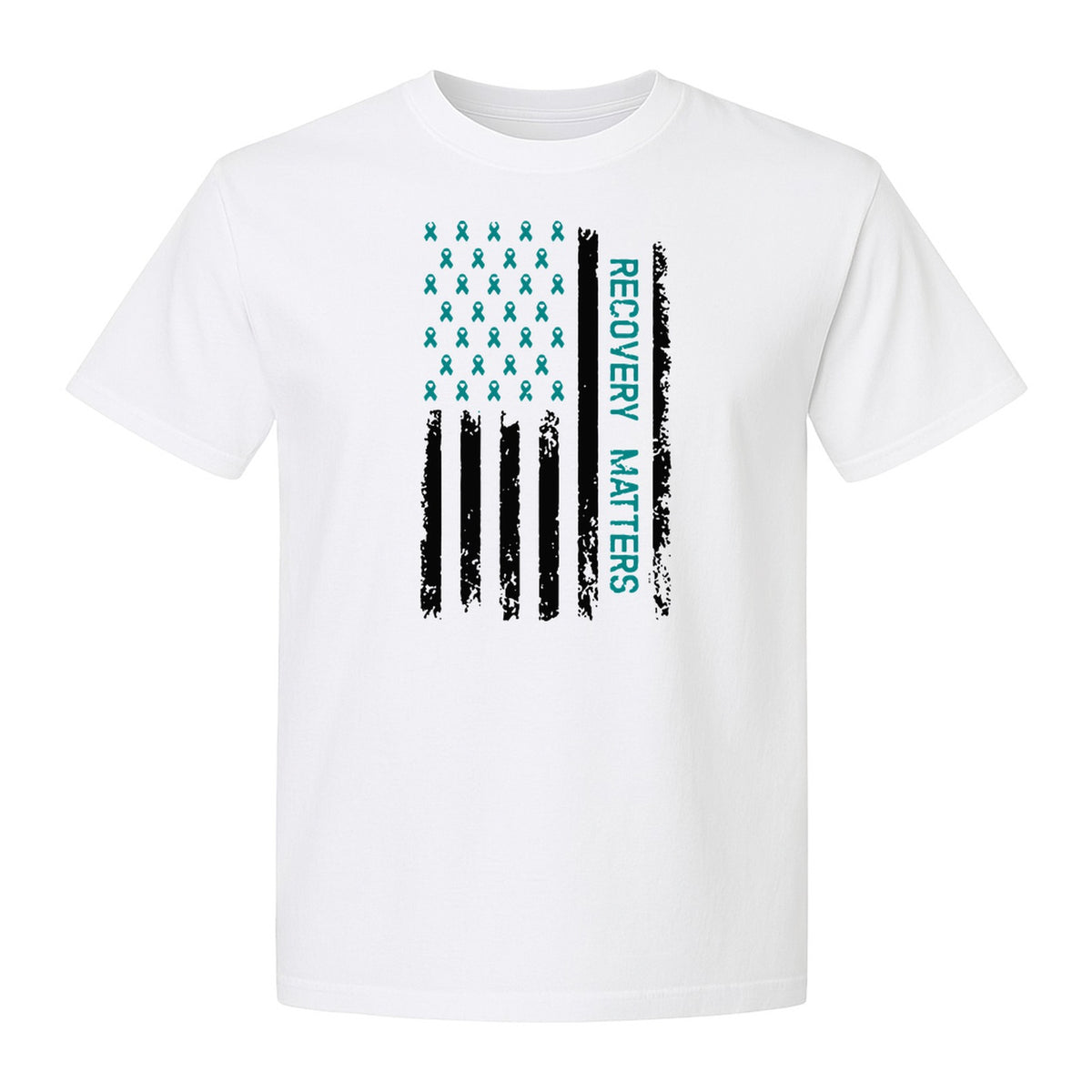 Recovery T-Shirt, Teal Ribbon Distressed Flag Design for Sobriety Support and Healing