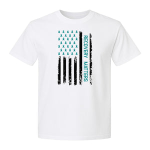 Recovery T-Shirt, Teal Ribbon Distressed Flag Design for Sobriety Support and Healing