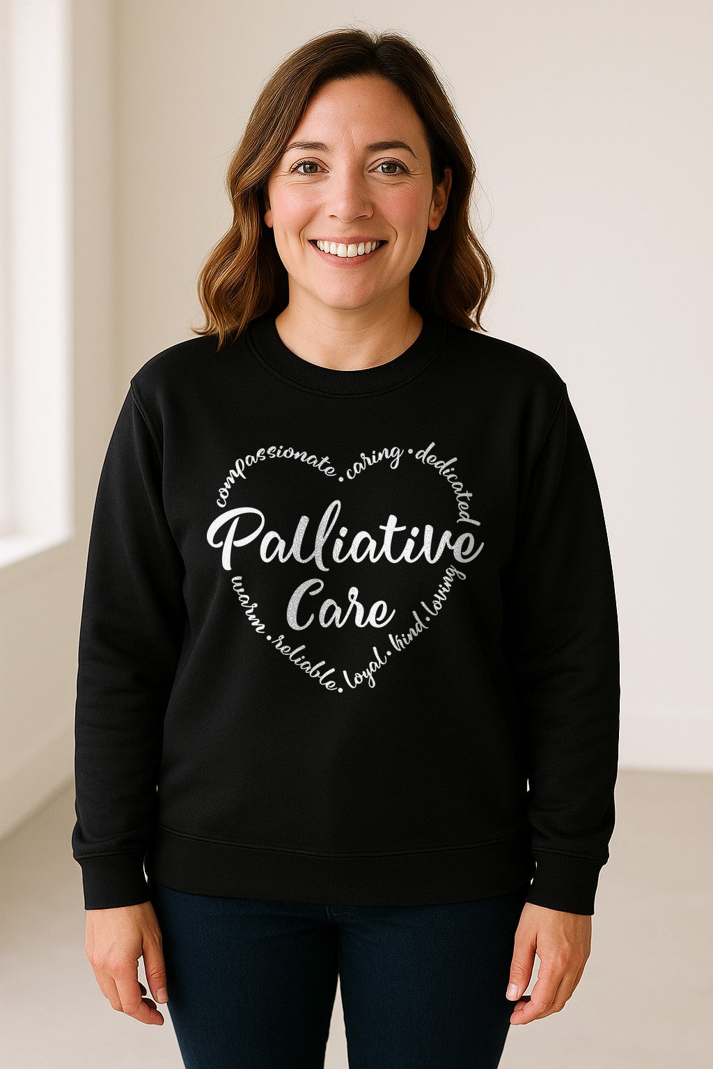 Palliative Care Sweatshirt, Compassionate Caring Dedicated Script Word Design for Nurses and Doctors