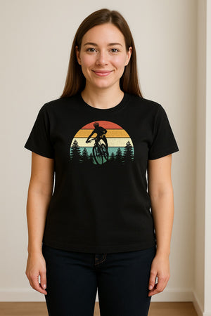 Mountain Biking T-Shirt, Retro Sunset Cyclist Design for Trail Riders and Outdoor Adventure Fans