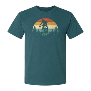 Mountain Biking T-Shirt, Retro Sunset Cyclist Design for Trail Riders and Outdoor Adventure Fans