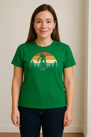 Mountain Biking T-Shirt, Retro Sunset Cyclist Design for Trail Riders and Outdoor Adventure Fans