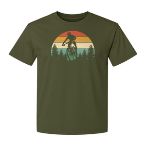 Mountain Biking T-Shirt, Retro Sunset Cyclist Design for Trail Riders and Outdoor Adventure Fans