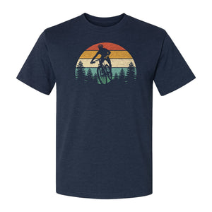 Mountain Biking T-Shirt, Retro Sunset Cyclist Design for Trail Riders and Outdoor Adventure Fans