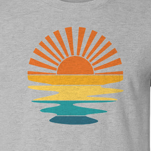 Sunset T-Shirt, Retro Sun Rays and Water Reflection Design for Vacation Travel