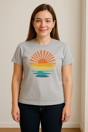 Sunset T-Shirt, Retro Sun Rays and Water Reflection Design for Vacation Travel