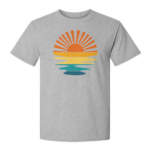 Sunset T-Shirt, Retro Sun Rays and Water Reflection Design for Vacation Travel
