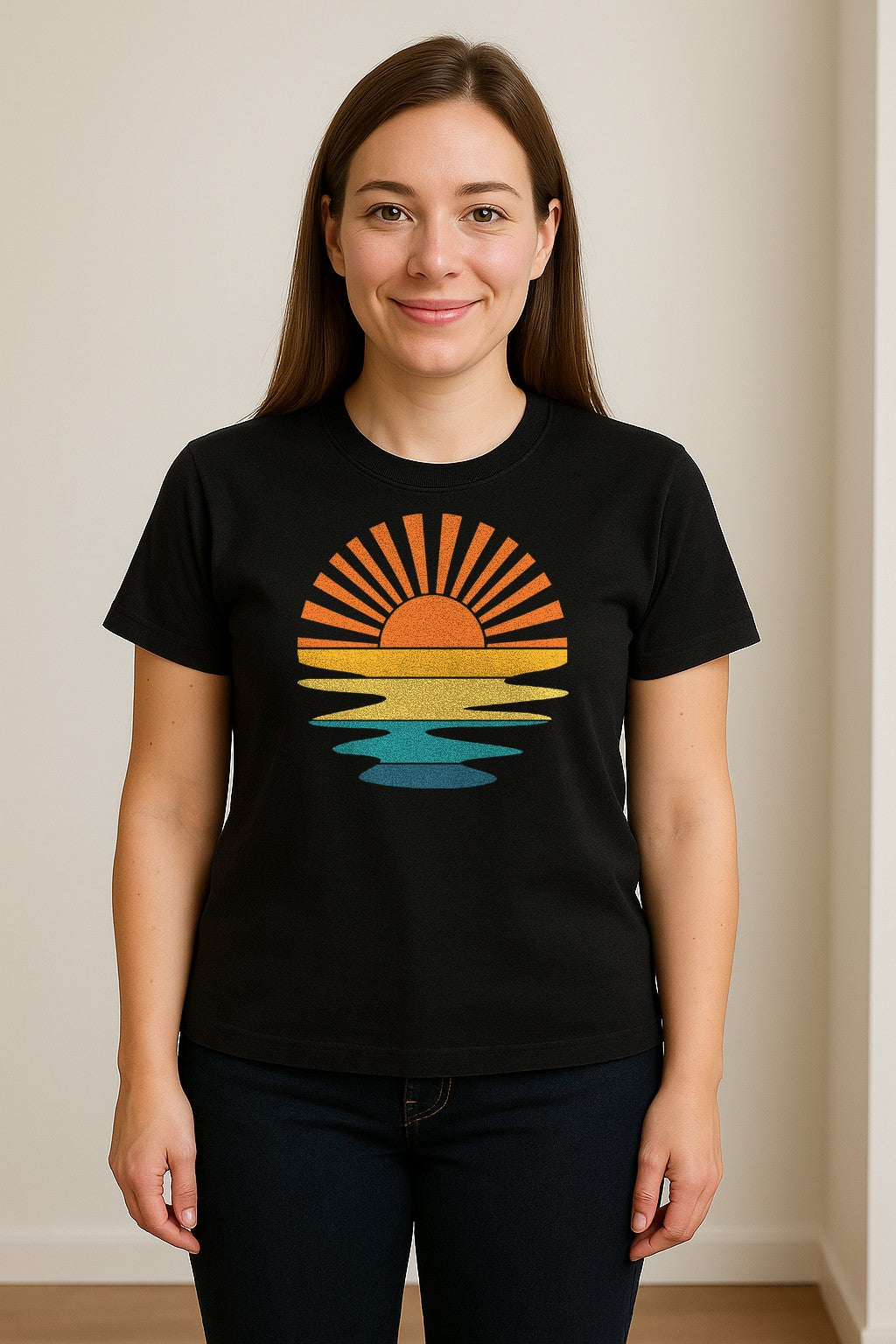 Sunset T-Shirt, Retro Sun Rays and Water Reflection Design for Vacation Travel
