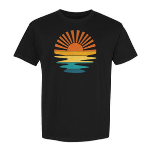 Sunset T-Shirt, Retro Sun Rays and Water Reflection Design for Vacation Travel