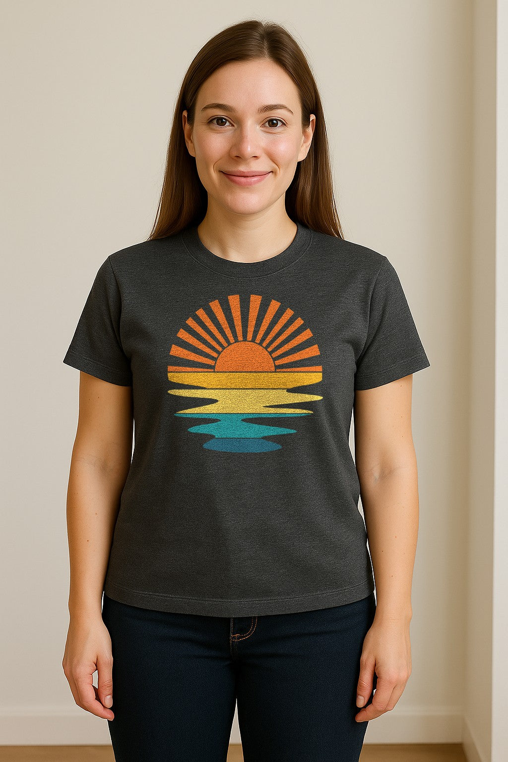 Sunset T-Shirt, Retro Sun Rays and Water Reflection Design for Vacation Travel