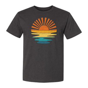 Sunset T-Shirt, Retro Sun Rays and Water Reflection Design for Vacation Travel