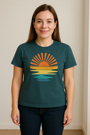 Sunset T-Shirt, Retro Sun Rays and Water Reflection Design for Vacation Travel