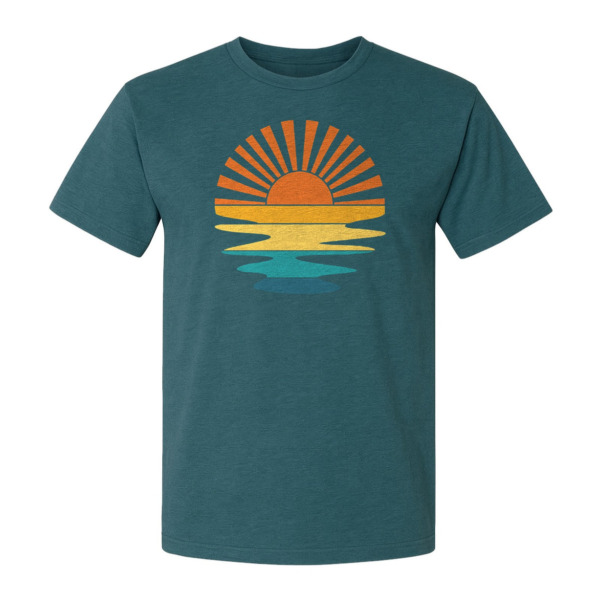 Sunset T-Shirt, Retro Sun Rays and Water Reflection Design for Vacation Travel