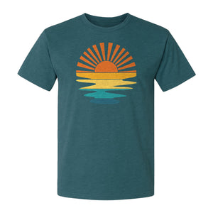 Sunset T-Shirt, Retro Sun Rays and Water Reflection Design for Vacation Travel
