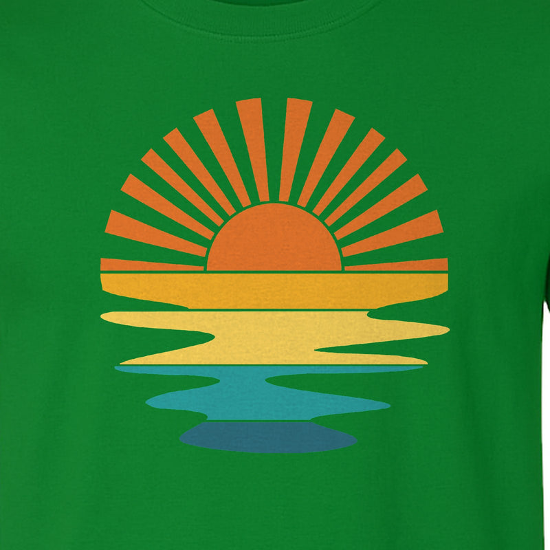 Sunset T-Shirt, Retro Sun Rays and Water Reflection Design for Vacation Travel