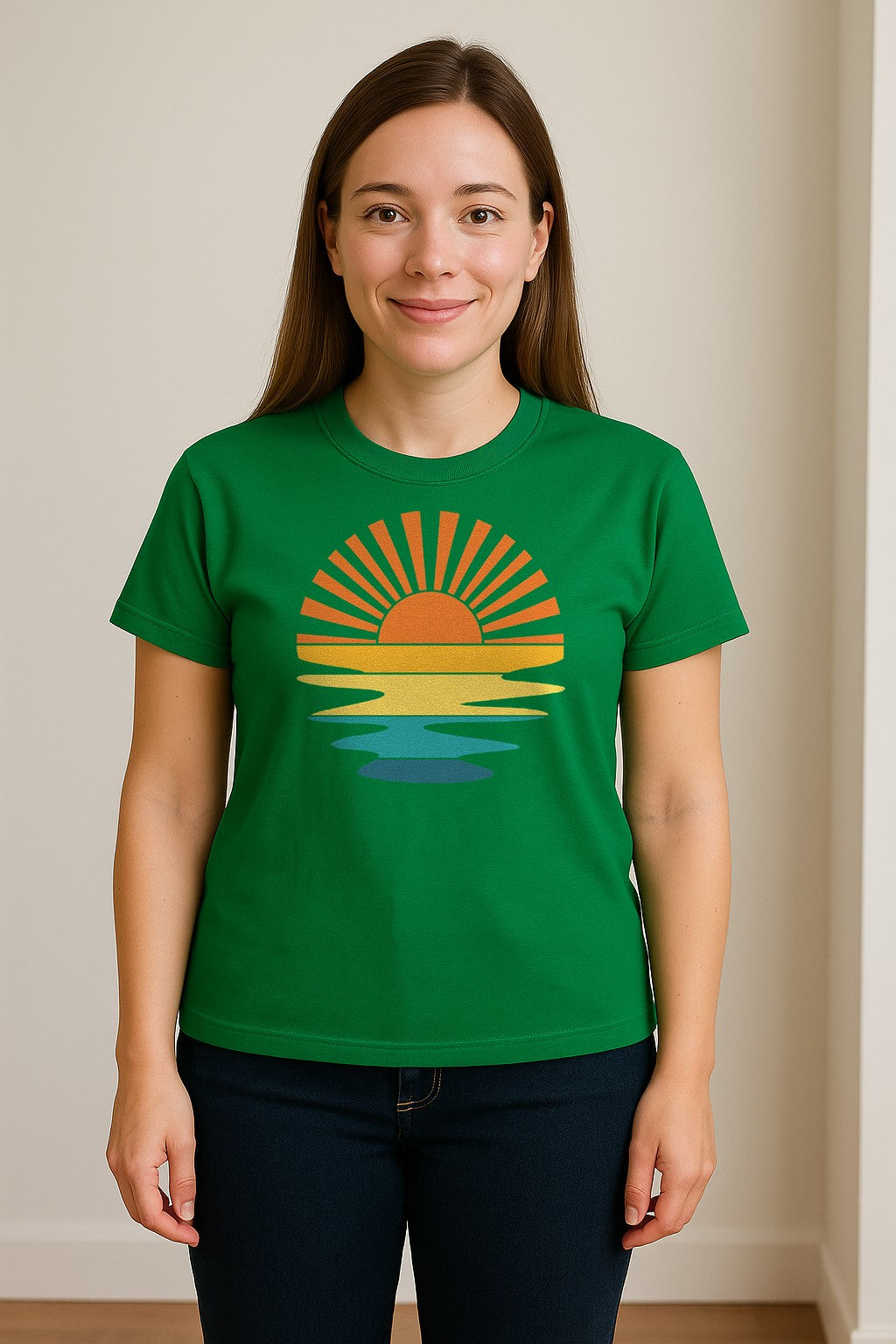 Sunset T-Shirt, Retro Sun Rays and Water Reflection Design for Vacation Travel