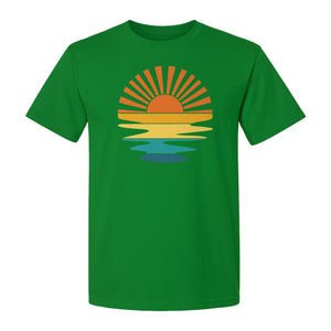 Sunset T-Shirt, Retro Sun Rays and Water Reflection Design for Vacation Travel