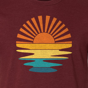 Sunset T-Shirt, Retro Sun Rays and Water Reflection Design for Vacation Travel