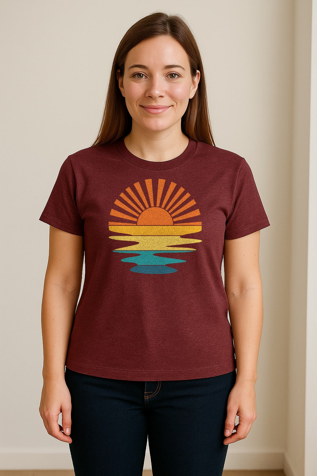 Sunset T-Shirt, Retro Sun Rays and Water Reflection Design for Vacation Travel