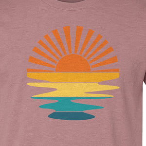 Sunset T-Shirt, Retro Sun Rays and Water Reflection Design for Vacation Travel