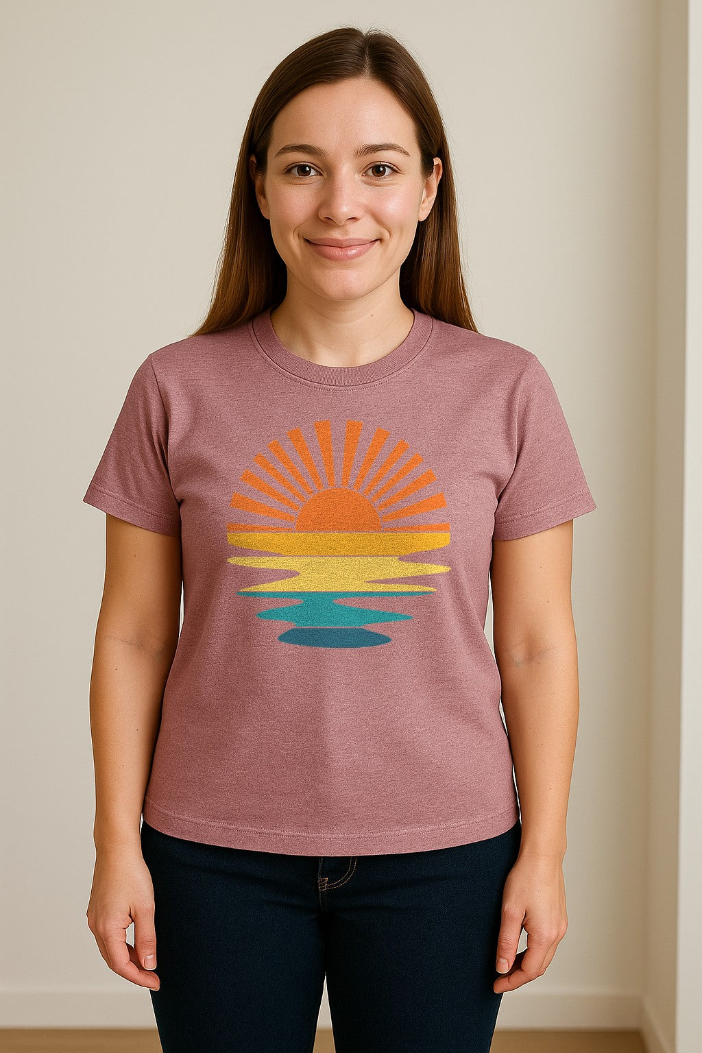 Sunset T-Shirt, Retro Sun Rays and Water Reflection Design for Vacation Travel
