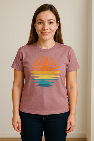 Sunset T-Shirt, Retro Sun Rays and Water Reflection Design for Vacation Travel