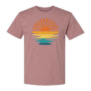 Sunset T-Shirt, Retro Sun Rays and Water Reflection Design for Vacation Travel