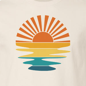 Sunset T-Shirt, Retro Sun Rays and Water Reflection Design for Vacation Travel