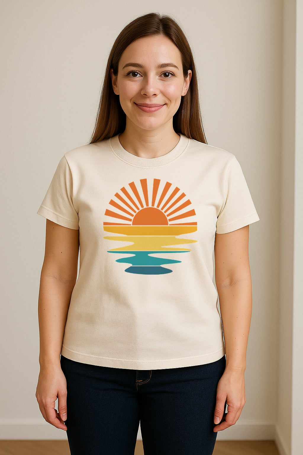 Sunset T-Shirt, Retro Sun Rays and Water Reflection Design for Vacation Travel