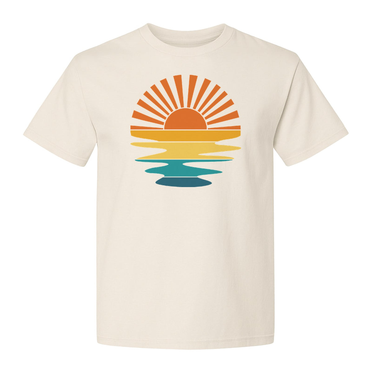 Sunset T-Shirt, Retro Sun Rays and Water Reflection Design for Vacation Travel