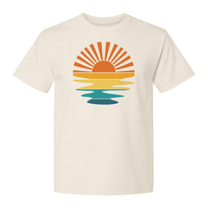 Sunset T-Shirt, Retro Sun Rays and Water Reflection Design for Vacation Travel