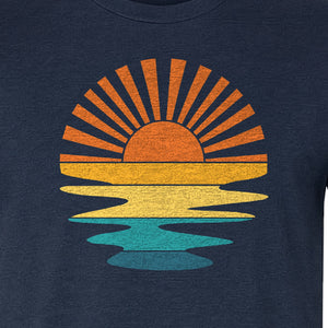 Sunset T-Shirt, Retro Sun Rays and Water Reflection Design for Vacation Travel