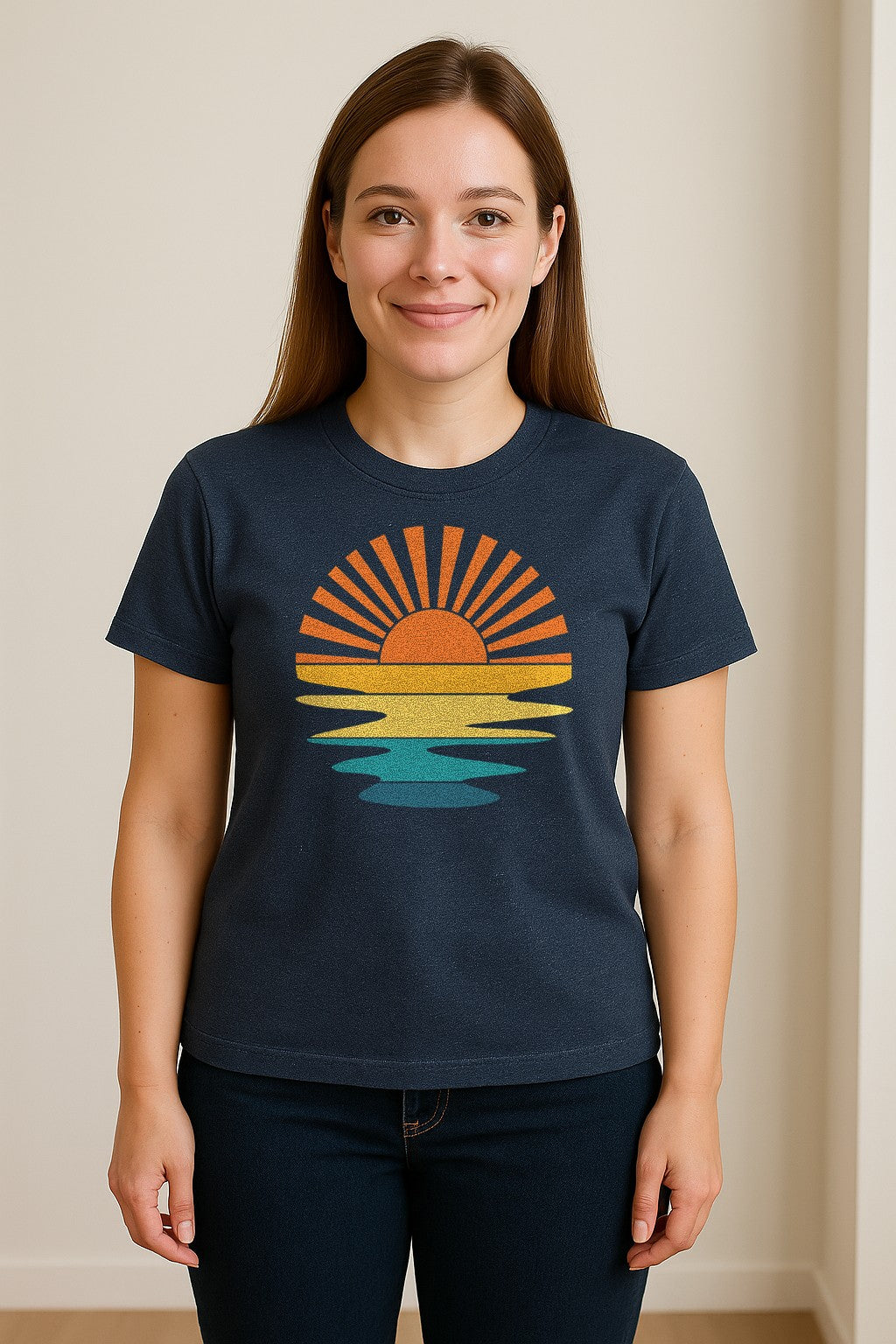Sunset T-Shirt, Retro Sun Rays and Water Reflection Design for Vacation Travel