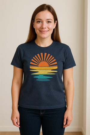 Sunset T-Shirt, Retro Sun Rays and Water Reflection Design for Vacation Travel