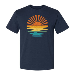 Sunset T-Shirt, Retro Sun Rays and Water Reflection Design for Vacation Travel