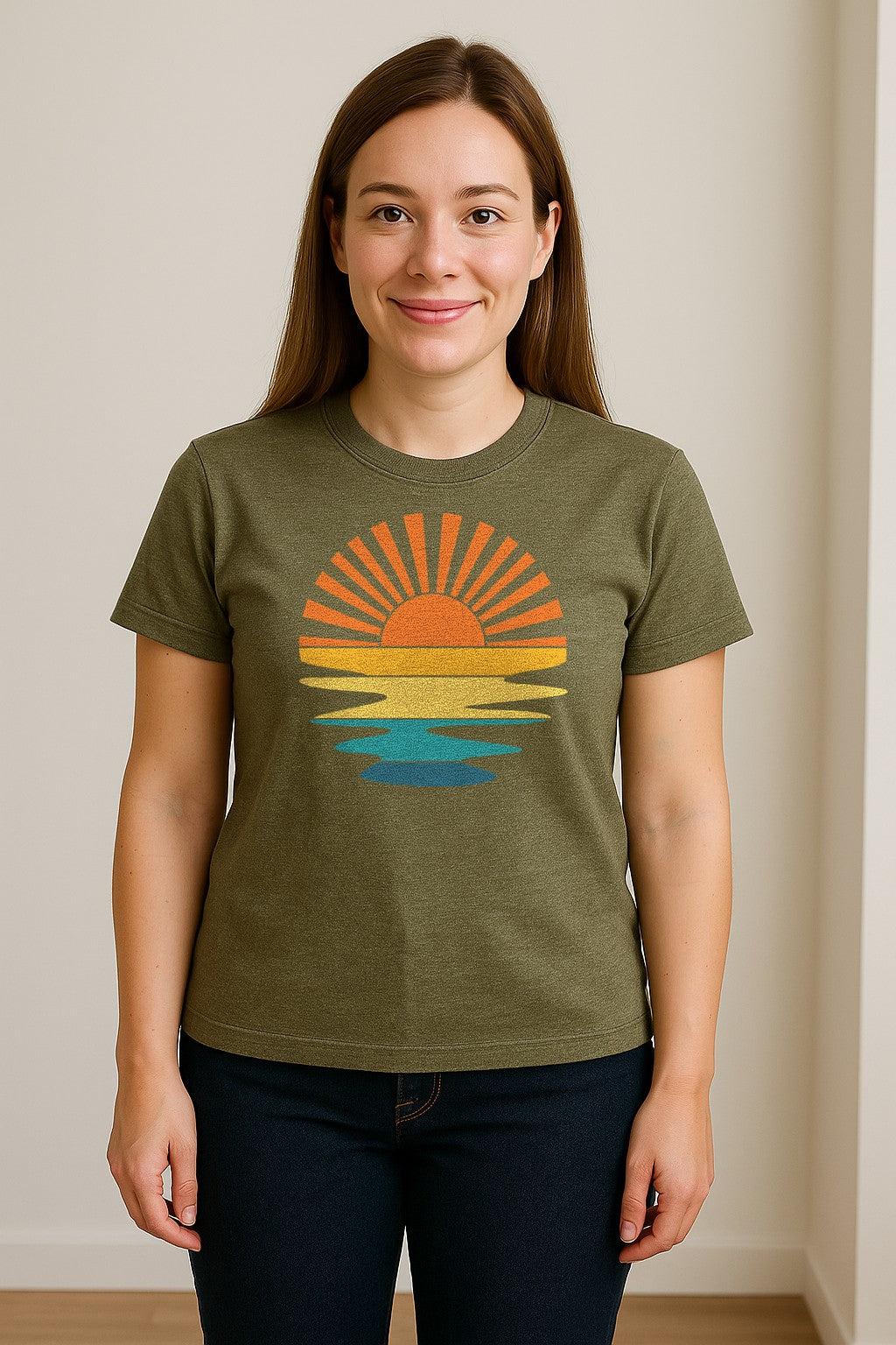 Sunset T-Shirt, Retro Sun Rays and Water Reflection Design for Vacation Travel